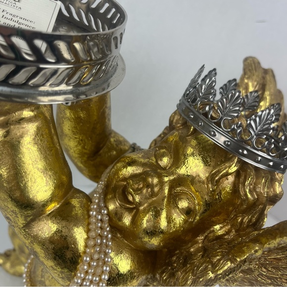 Shabby Chic Vignette decor-golden Cherub Angel w/ silver tray & vintage pearls. - Picture 4 of 16